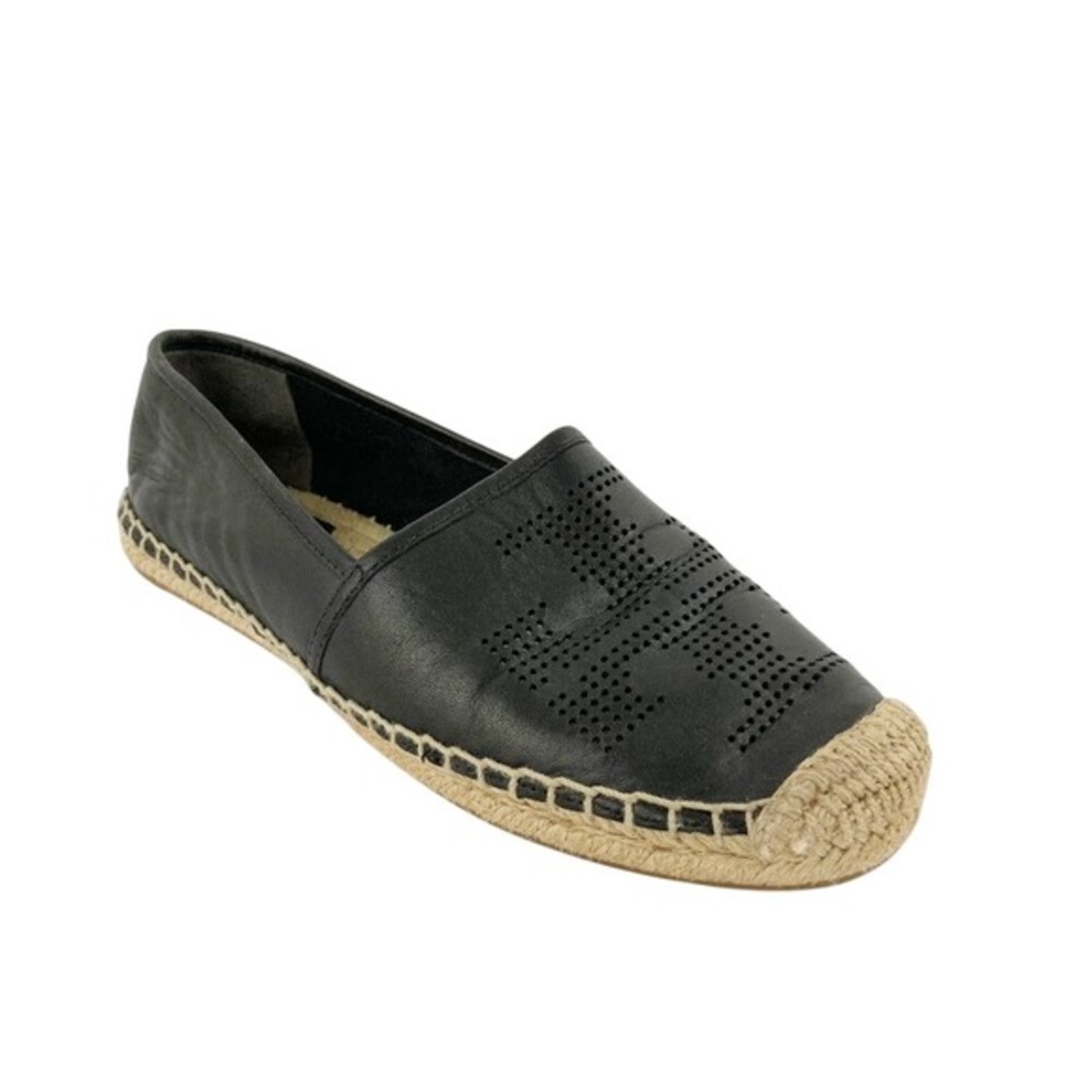 Tory Burch Perforated Logo Flat Espadrille Size 7.5 Black Leather Shoes